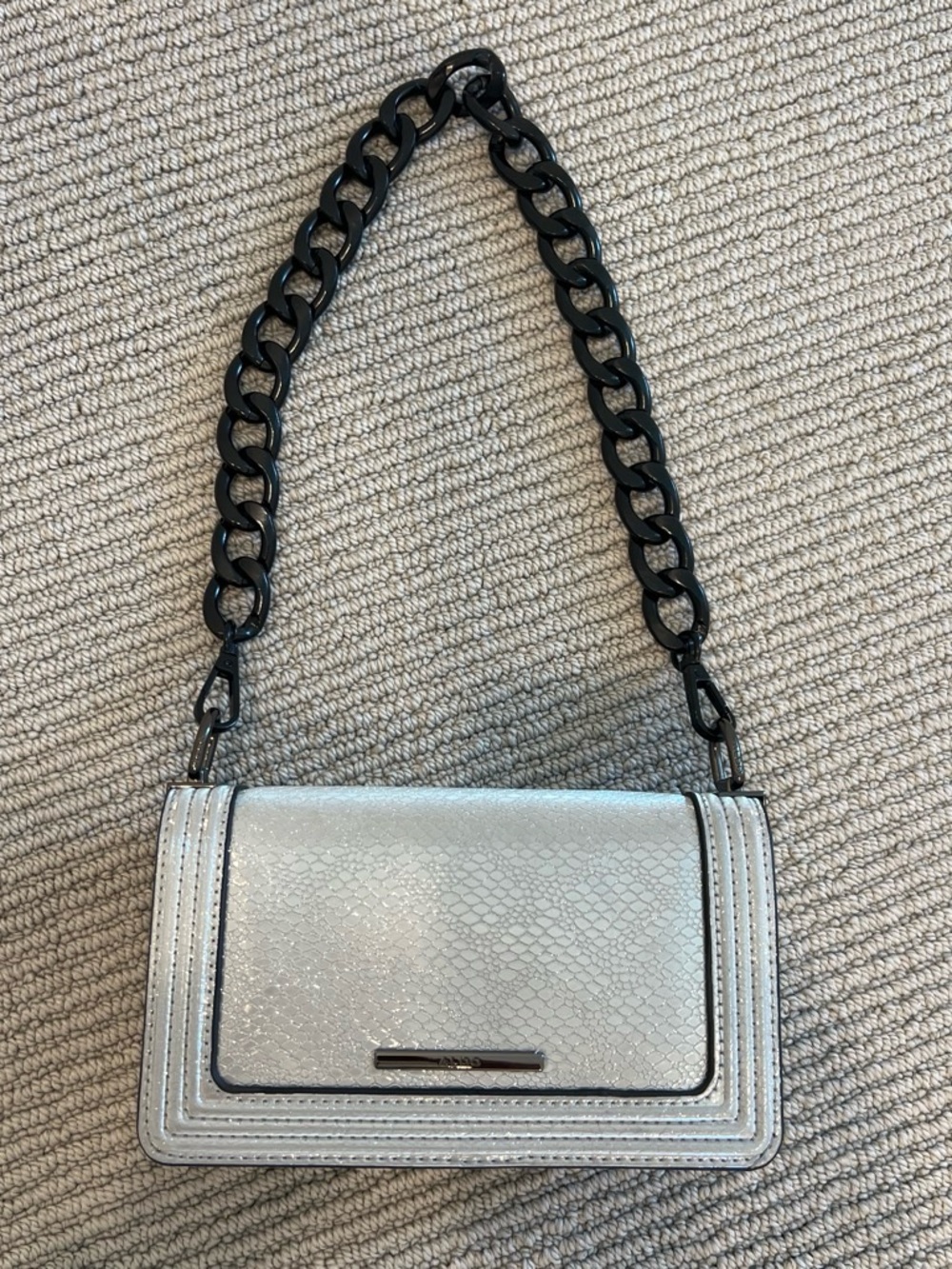 Aldo Silver Snake-Embossed Shoulder Bag with Black Chain Strap